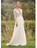 Long Sleeve Beaded Ivory Leaf Lace Chiffon Wedding Dress